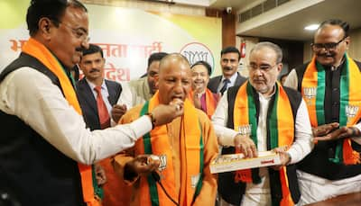 Yogi Adityanath Celebrates Outside BJP Office After UP Bypoll Results