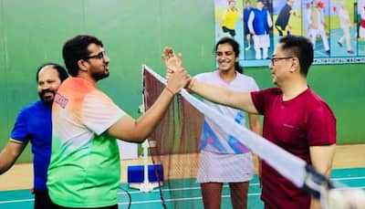 PV Sindhu, Venkata Datta Sai Play Badminton With Kiren Rijiju - WATCH