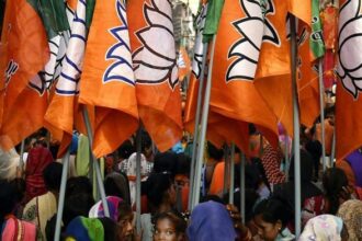 Supporters of BJP carry flags during a rally in Bhopal