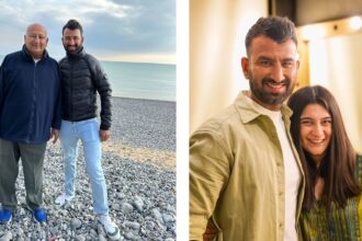 Cheteshwar Pujara with his father Arvind (LEFT) and with his wife Puja. (PHOTOS via Cheteshwar Pujara X)