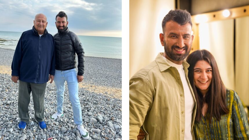 Cheteshwar Pujara with his father Arvind (LEFT) and with his wife Puja. (PHOTOS via Cheteshwar Pujara X)