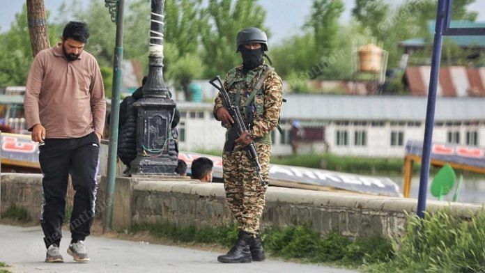 A soldier on patrol in Srinagar on 24 April, 2025 | Representational image | Praveen Jain | ThePrint