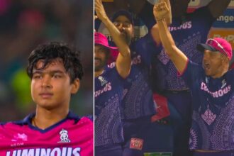 As 14-year-old Vaibhav Suryavanshi (LEFT) got to his century in 35 balls, a pumped up Rajasthan Royals head coach Rahul Dravid (right) jumped out of his wheelchair. (Screenshot via Jiohotstar)