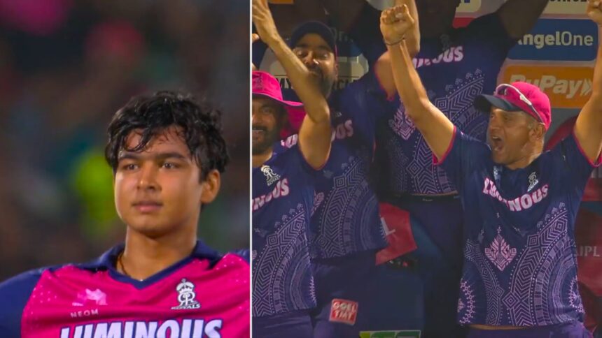 As 14-year-old Vaibhav Suryavanshi (LEFT) got to his century in 35 balls, a pumped up Rajasthan Royals head coach Rahul Dravid (right) jumped out of his wheelchair. (Screenshot via Jiohotstar)