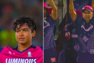 Rajasthan Royals coach Rahul Dravid jumps on his feet as Vaibhav Suryavanshi scored a 35-ball century against Gujarat Titans in an IPL 2025 game. (Screenshot via JioHotstar)