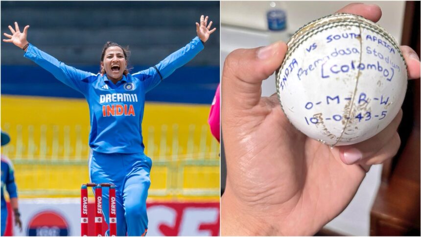 (LEFT) Sneh Rana in action; (RIGHT) Rana holding the match ball with her bowling figures inscribed on it. (Credit: BCCIWomen via X and @SnehRana15)