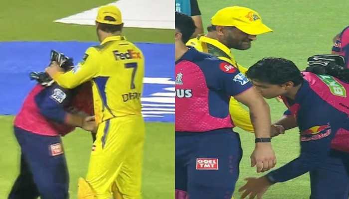 14-Year-Old Vaibhav Suryavanshi Touches MS Dhoni’s Feet After RR vs CSK Clash, Video Goes Viral - Watch