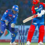 Karun Nair of Delhi Capitals is bowled by Mitchell Santner of Mumbai Indians in match 29 of IPL 2025 at the Arun Jaitley Stadium, Delhi. (Photo: Sportzpics for IPL)