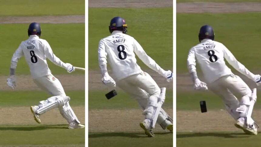Lancashire batter Tom Bailey courted controversy when he dropped his mobile phone while batting in a County match against Gloucestershire, (Lancashire YouTube screengrab)