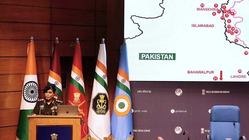 Colonel Sofiya Qureshi addresses a press conference after India struck multiple sites in Pakistan and Pakistan-occupied Kashmir (as seen on the map) under Operation Sindoor, in New Delhi on Wednesday