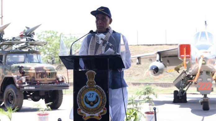 Defence Minister Rajnath Singh speaking at the Bhuj Air Force Station in Gujarat. | @SpokespersonMoD / X