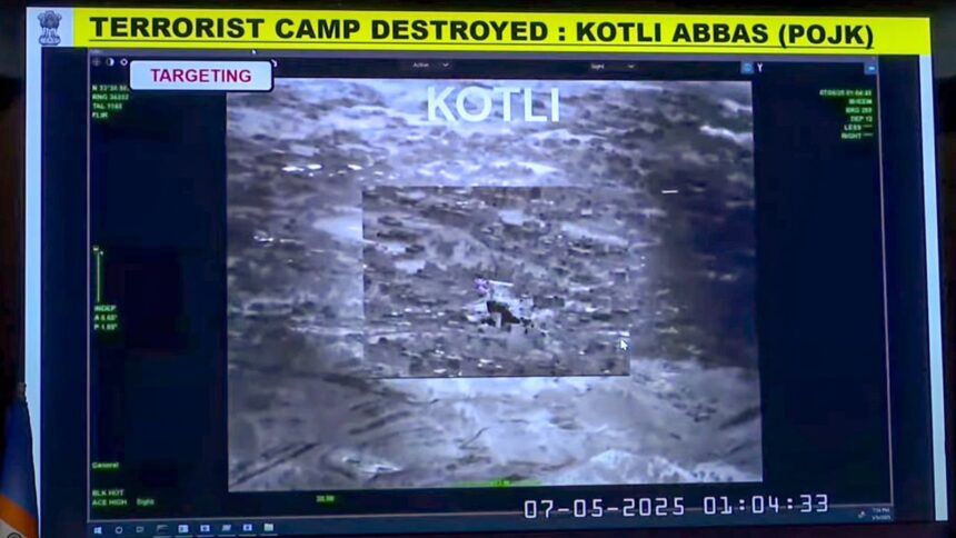 A target struck as part of ‘Operation Sindoor’ being displayed during a press conference, in New Delhi