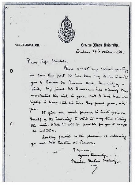 Letter written by Pt Madan Mohan Malaviya to Albert Einstein in 1931