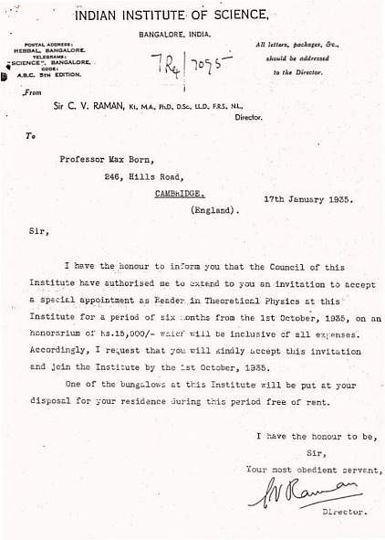 Sir CV Raman’s letter to Max Born offering him a position at IISc, Bengaluru
