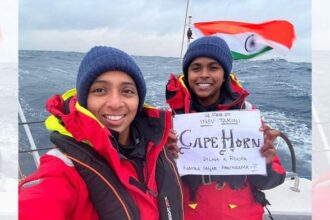 Lieutenant Commanders Dilna K. and Roopa A. aboard INSV Tarini | X: @indiannavy