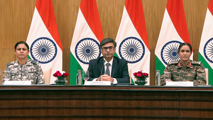 (L-R) Wing Commander Vyomika Singh, Foreign Secretary Vikram Misri and Colonel Sofiya Qureshi at MEA press briefing on Operation Sindoor in New Delhi Thursday. | ANI