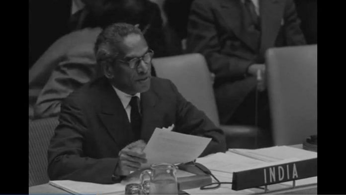 Krishna Menon delivering UN speech in 1957