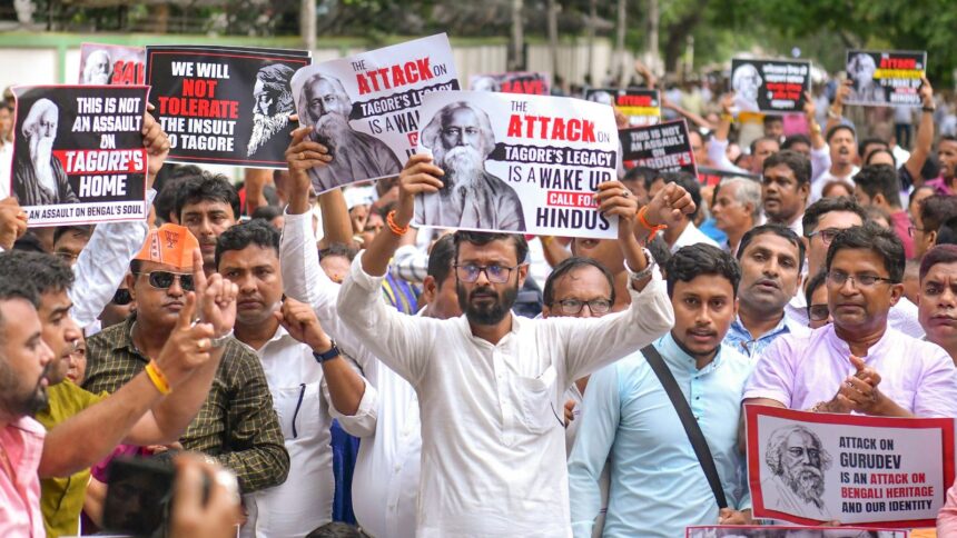 Agartala: BJP supporters and leaders during a protest rally condemning the recent vandalism at Nobel Laureate Rabindranath Tagore's ancestral home in Bangladesh. (PTI Photo)