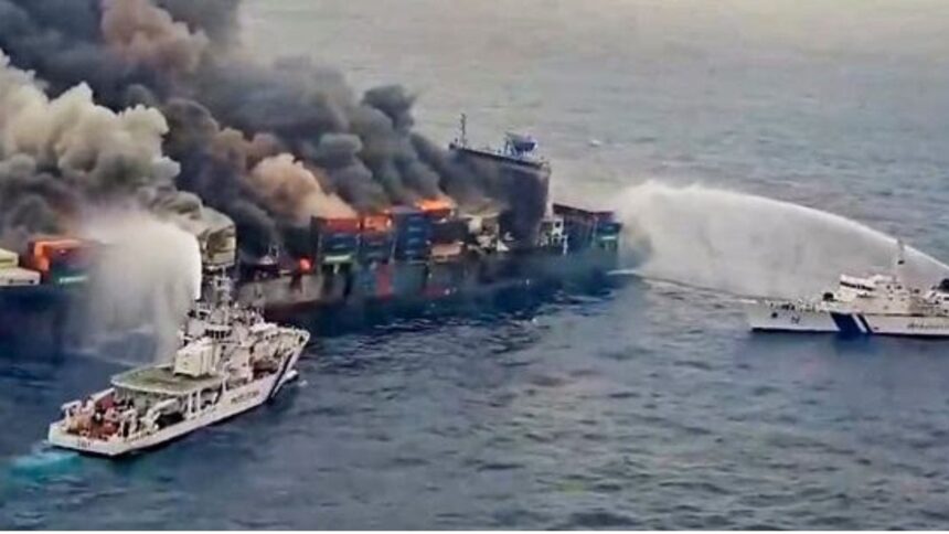 Indian Coast Guard, re broke out on a Singapore-flagged ship following a container explosion off the Kerala coast