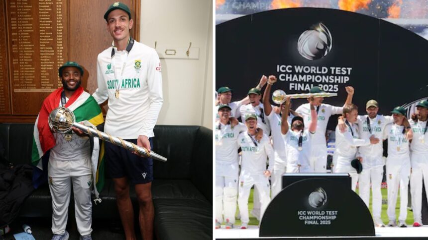 A dressing room snap of Temba Bavuma and Marco Jansen, posing with the Test mace, prize for all the efforts in ringing in South Africa's biggest ever cricket trophy. (ICC/AP)