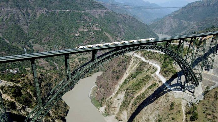 Indian Railways conducts a trial run on the newly-constructed Chenab Rail Bridge built between Sangaldan and Reasi | Photo: ANI