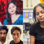 (Clockwise from top, left) Raj and Sonam Raghuvanshi's wedding picture; Sonam after being arrested; Vishal Chauhan, Raj Kushwaha and Akash Rajput | Photos: Indore Police/ANI