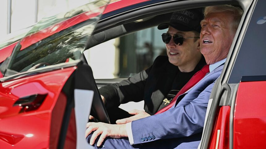 US President Donald Trump and Elon Musk they sit in a red Model S Tesla on the South Lawn of the White House on March 11
