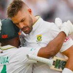 South Africa's Aiden Markram celebrates with Temba Bavuma after scoring a century in the World Test Championship final against Australia at Lord's cricket ground in London. (AP Photo)