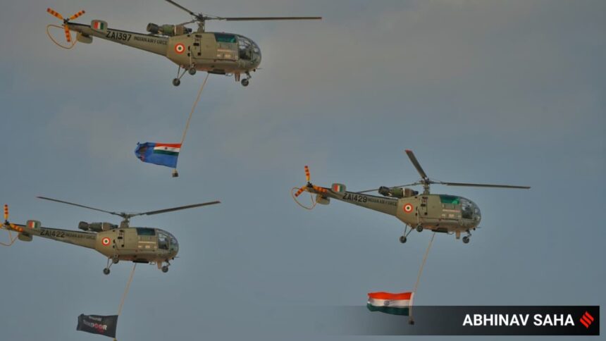 Air Force Fighter planes and helicopters perform at Pokhran to witness Exercise Vayu Shakti of the Indian Air Force.