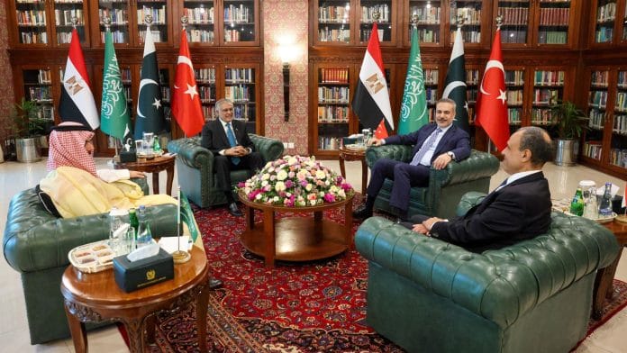 Foreign Ministers Badr Abdelatty of Egypt, Prince Faisal bin Farhan Al Saud of Saudi Arabia, Ishaq Dar of Pakistan and Hakan Fidan of Turkey meet to discuss regional de-escalation, amid the U.S.-Israel conflict with Iran, in Islamabad, Pakistan, March 29, 2026. | Muammer Tan/Turkish Foreign MinistryHandout via REUTERS
