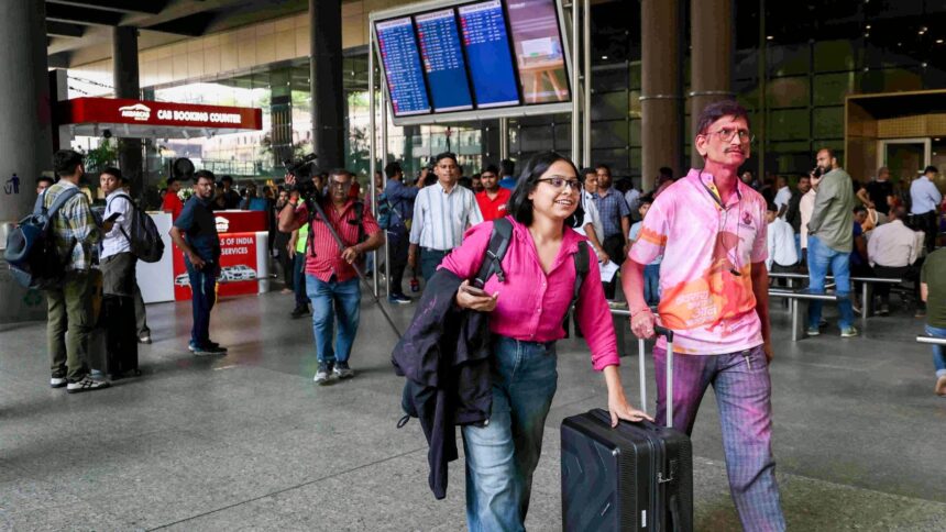 Indians who were stranded in the Middle East due to flight disruptions amid the ongoing US-Israel-Iran conflict, upon their arrival at Chhatrapati Shivaji Maharaj International Airport (PTI Photo)