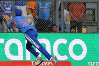 India's Axar Patel catches the ball in the T20 World Cup semi-final against England at Mumbai's Wankhede Stadium. (Express photo Narendra Vaskar)