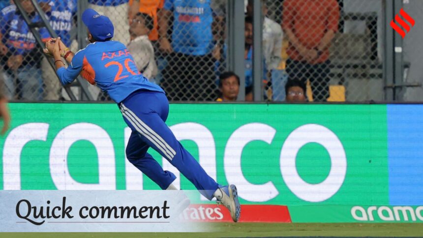 India's Axar Patel catches the ball in the T20 World Cup semi-final against England at Mumbai's Wankhede Stadium. (Express photo Narendra Vaskar)