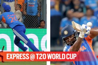 Two of India's gamechangers against England in the T20 World Cup semi-final, Axar Patel (left), and Sanju Samson, in action at Mumbai's Wankhede Stadium. (Express photo by Narendra Vaskar)