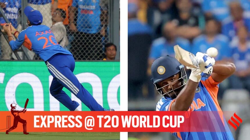 Two of India's gamechangers against England in the T20 World Cup semi-final, Axar Patel (left), and Sanju Samson, in action at Mumbai's Wankhede Stadium. (Express photo by Narendra Vaskar)