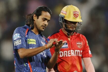 LSG bowler Digvesh Rathi giving sendoff to PBKS batter Punjab Kings with his "Notebook" celebration. (Sportzpics for IPL)