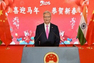 Chinese Ambassador to India Xu Feihong at a Spring Festival event, February 2026 | X/@China_Amb_India