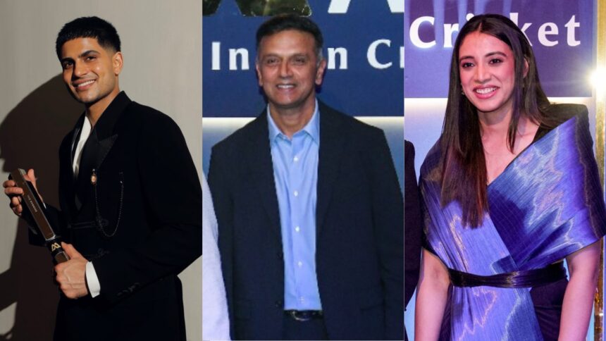 Indian cricketers Shubman Gill, Rahul Dravid and Smriti Mandhana during BCCI Naman awards 2026. (PHOTO: X & ANI & PTI)