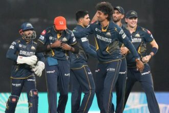 Gujarat Titans Sai Sudharsan, Sai Kishore with the rest of the players celebrating a wicket in IPL. (PHOTO: Gujarat Titans)