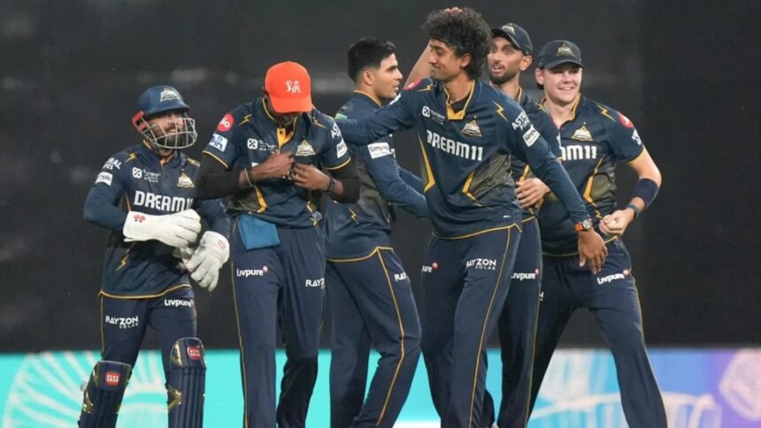 Gujarat Titans Sai Sudharsan, Sai Kishore with the rest of the players celebrating a wicket in IPL. (PHOTO: Gujarat Titans)
