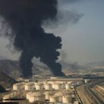 Plumes of smoke rise from an oil facility in Fujairah, United Arab Emirates