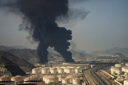 Plumes of smoke rise from an oil facility in Fujairah, United Arab Emirates