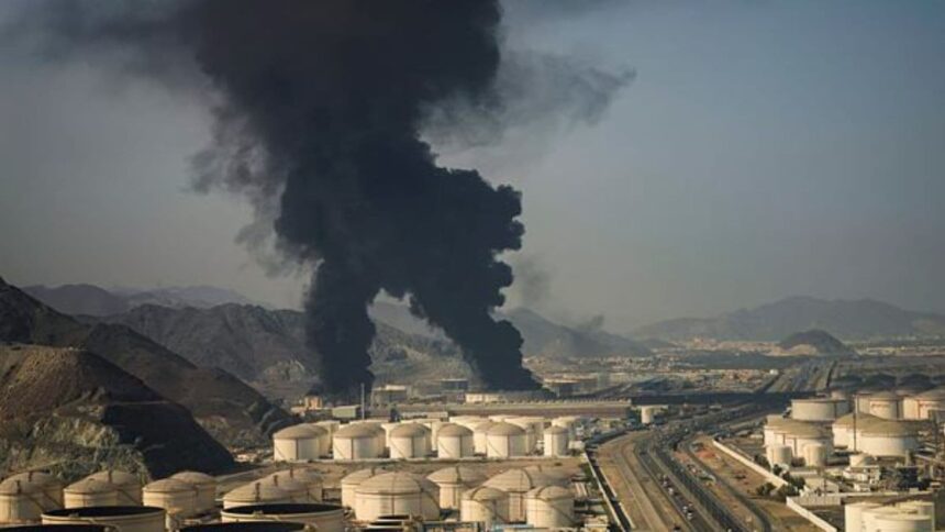 Plumes of smoke rise from an oil facility in Fujairah, United Arab Emirates