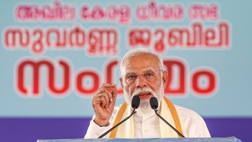 Prime Minister Narendra Modi addresses the gathering during the Golden Jubilee Sammelan, in Kochi. (PTI Photo)
