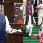 Rajya Sabha LoP Mallikarjun Kharge speaks in the house during the Budget Session of Parliament; Samajwadi Party MPs Akhilesh Yadav, Dharmendra Yadav, AAP MP Sanjay Singh, Congress MPs Hibi Eden, Manickam Tagore, Amrinder Singh Raja Warring and others at a protest over 'LPG crisis' during the second part of the Budget session of Parliament, in New Delhi, Monday, March 16, 2026. (PTI Photos)