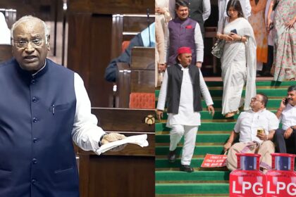 Rajya Sabha LoP Mallikarjun Kharge speaks in the house during the Budget Session of Parliament; Samajwadi Party MPs Akhilesh Yadav, Dharmendra Yadav, AAP MP Sanjay Singh, Congress MPs Hibi Eden, Manickam Tagore, Amrinder Singh Raja Warring and others at a protest over 'LPG crisis' during the second part of the Budget session of Parliament, in New Delhi, Monday, March 16, 2026. (PTI Photos)