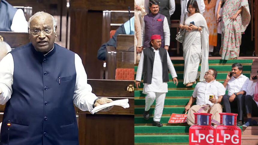 Rajya Sabha LoP Mallikarjun Kharge speaks in the house during the Budget Session of Parliament; Samajwadi Party MPs Akhilesh Yadav, Dharmendra Yadav, AAP MP Sanjay Singh, Congress MPs Hibi Eden, Manickam Tagore, Amrinder Singh Raja Warring and others at a protest over 'LPG crisis' during the second part of the Budget session of Parliament, in New Delhi, Monday, March 16, 2026. (PTI Photos)