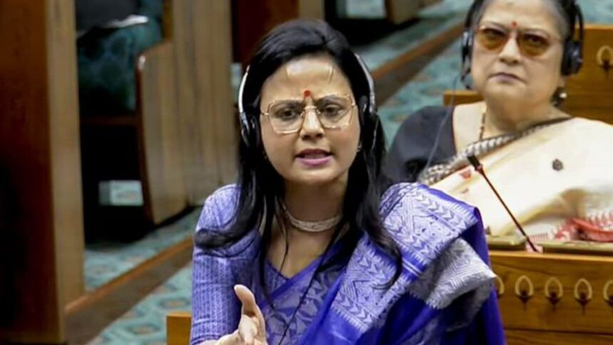 TMC MP Mahua Moitra speaks in Lok Sabha during the second part of Budget session of Parliament