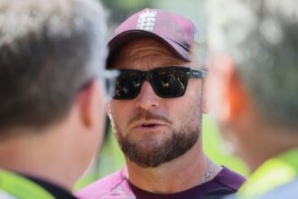 England head coach Brendon McCullum talks to the media after Australia won the third Ashes Test against England in Adelaide, Australia, Sunday, Dec. 21, 2025. (AP Photo/James Elsby)