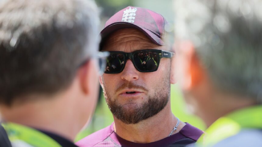 England head coach Brendon McCullum talks to the media after Australia won the third Ashes Test against England in Adelaide, Australia, Sunday, Dec. 21, 2025. (AP Photo/James Elsby)